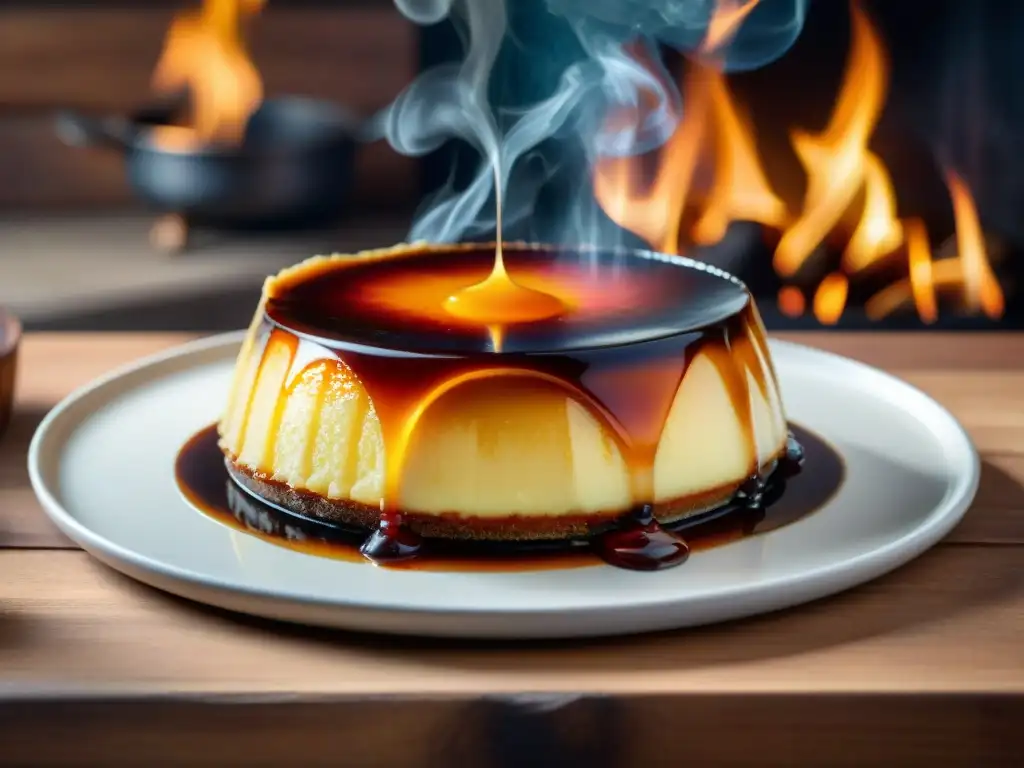 Delicioso flan a la parrilla con caramelo dorado, bayas frescas y un toque ahumado, en una mesa rústica