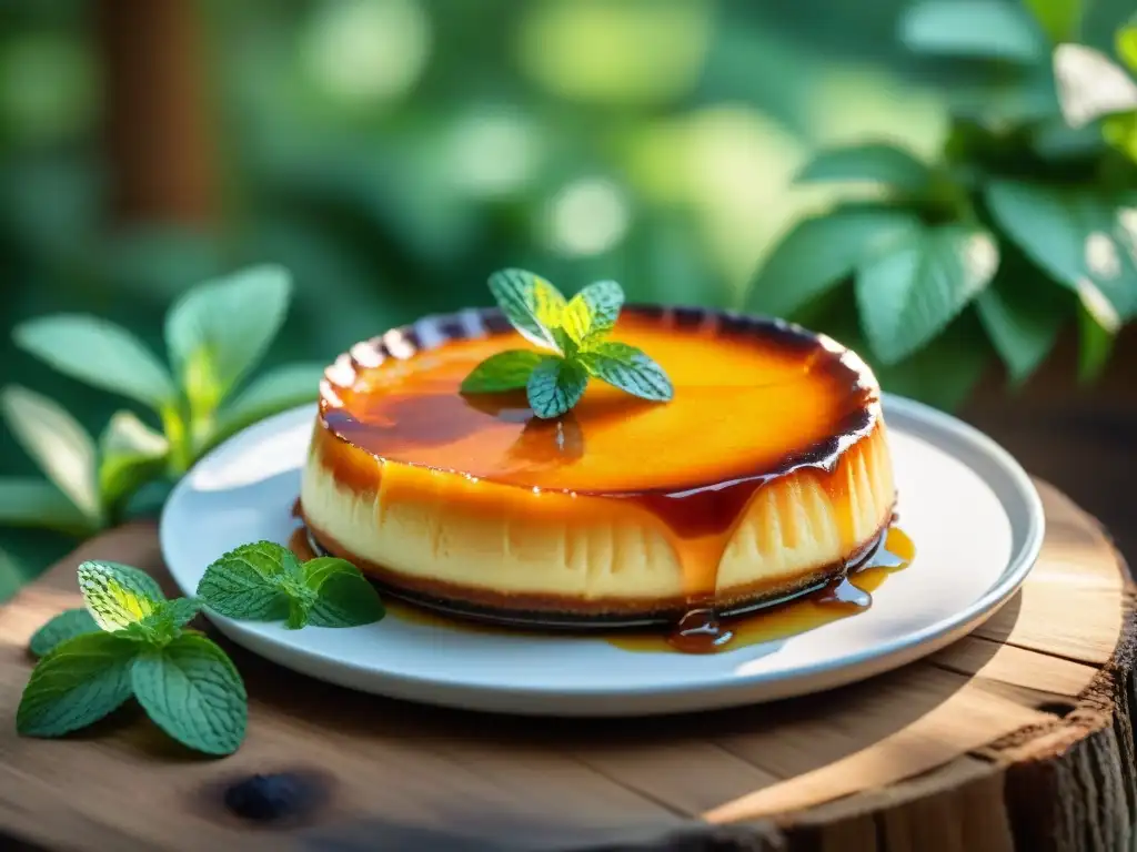 Delicioso flan a la parrilla con caramelo dorado, menta fresca y azúcar glas