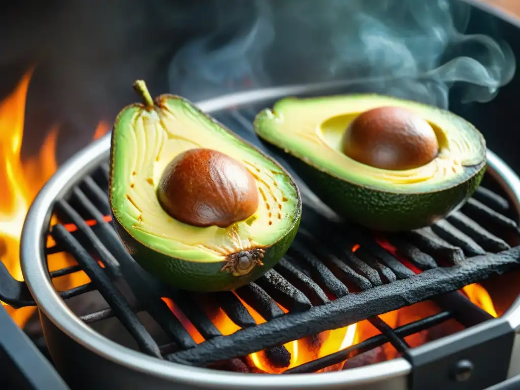 Delicioso guacamole asado uruguayo, con aguacates a la parrilla y su interior verde brillante caramelizándose