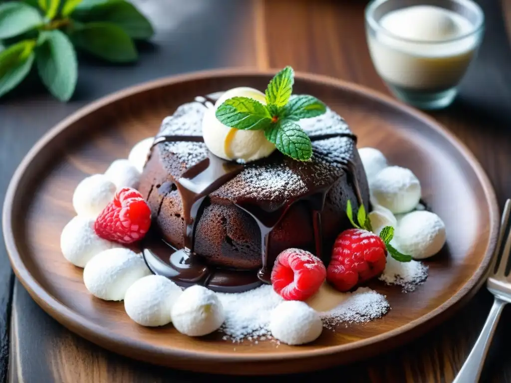 Delicioso lava cake de chocolate con helado de vainilla, frambuesas y menta