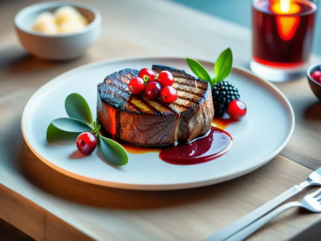 Delicioso lomo asado con frutos rojos, un festín visual en una elegante presentación