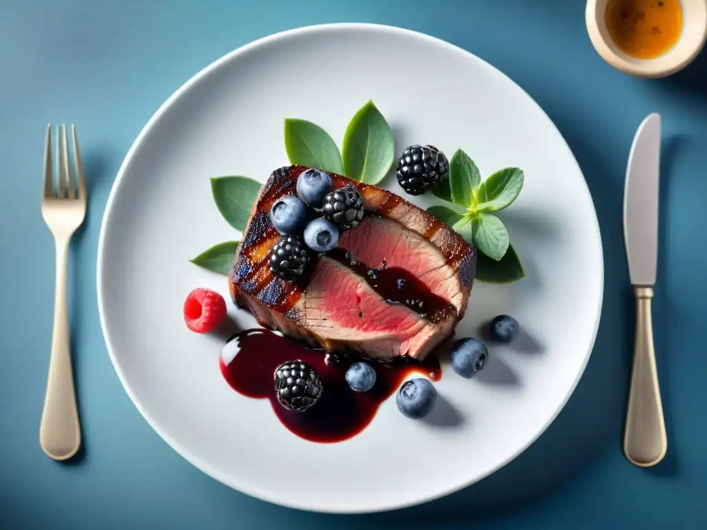 Delicioso lomo asado con salsa de frutos rojos sobre una elegante presentación gourmet