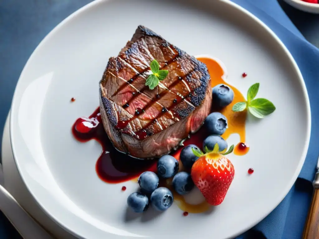 Delicioso lomo asado con salsa de frutos rojos, presentado de forma exquisita y tentadora