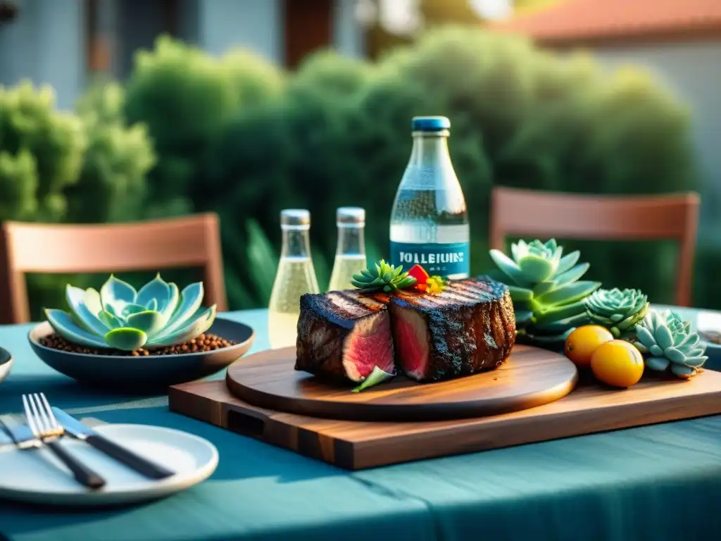 Delicioso maridaje con agua mineral para asado en mesa elegante al aire libre