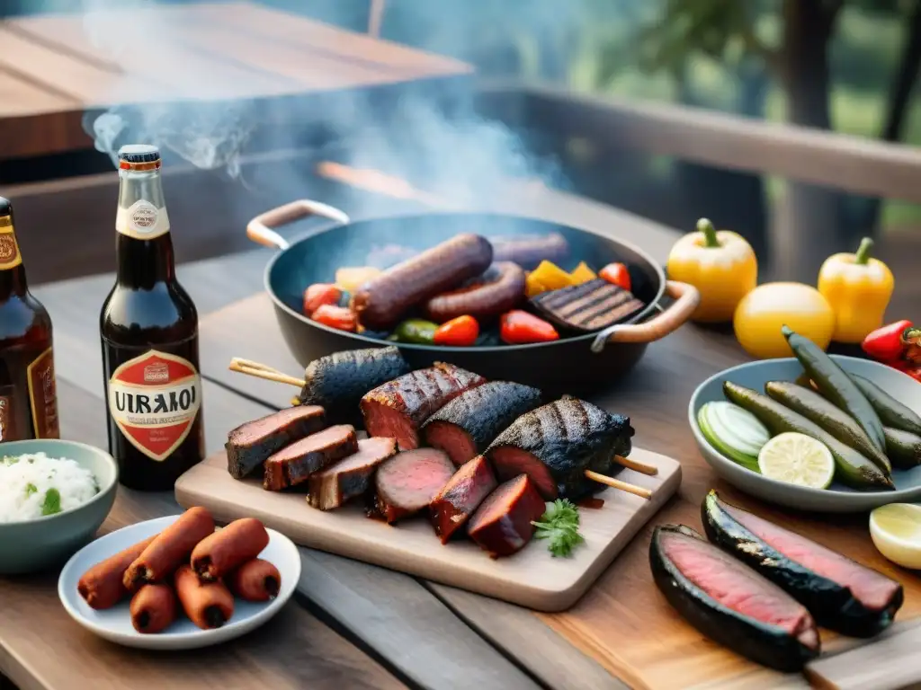 Un delicioso maridaje de asado uruguayo con cervezas artesanales, en un soleado día al aire libre