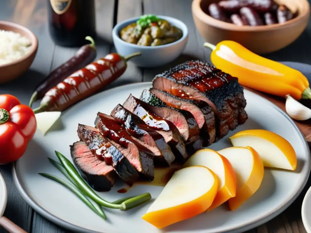 Delicioso maridaje cervezas artesanales asado Uruguay con churrasco, morcilla y chorizo a la parrilla, junto a vegetales asados