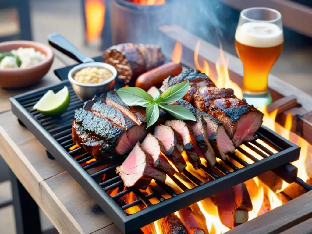 Delicioso maridaje cervezas artesanales asado Uruguay en parrilla al aire libre