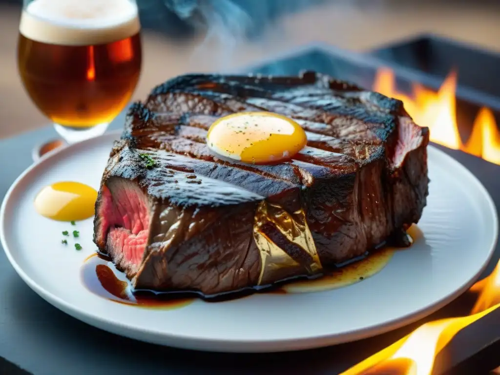 Delicioso maridaje con cortes de carne: jugoso filete uruguayo en la parrilla y cervezas artesanales en copas elegantes en una barbacoa al aire libre