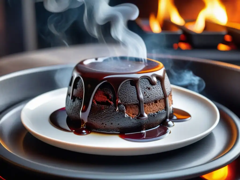 Delicioso maridaje de postres y vinos en una parrilla, con lava cake de chocolate y copa de vino tinto