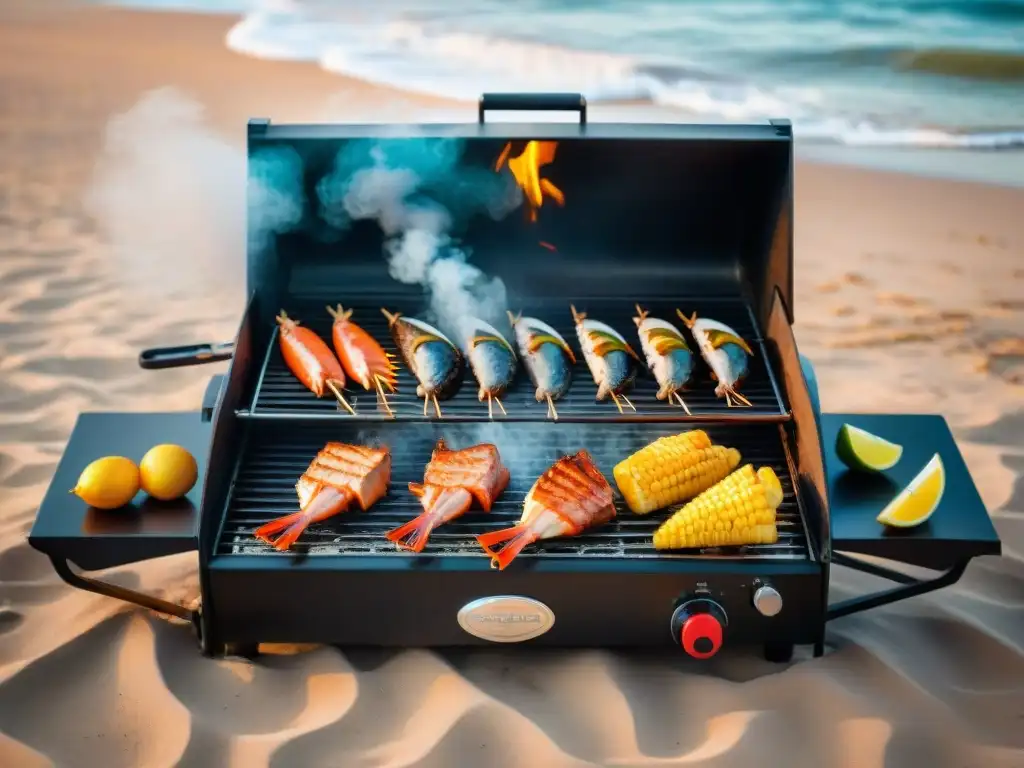 Delicioso maridaje sabores asado costa uruguaya: parrilla en la playa con variedad de mariscos y carnes a la parrilla