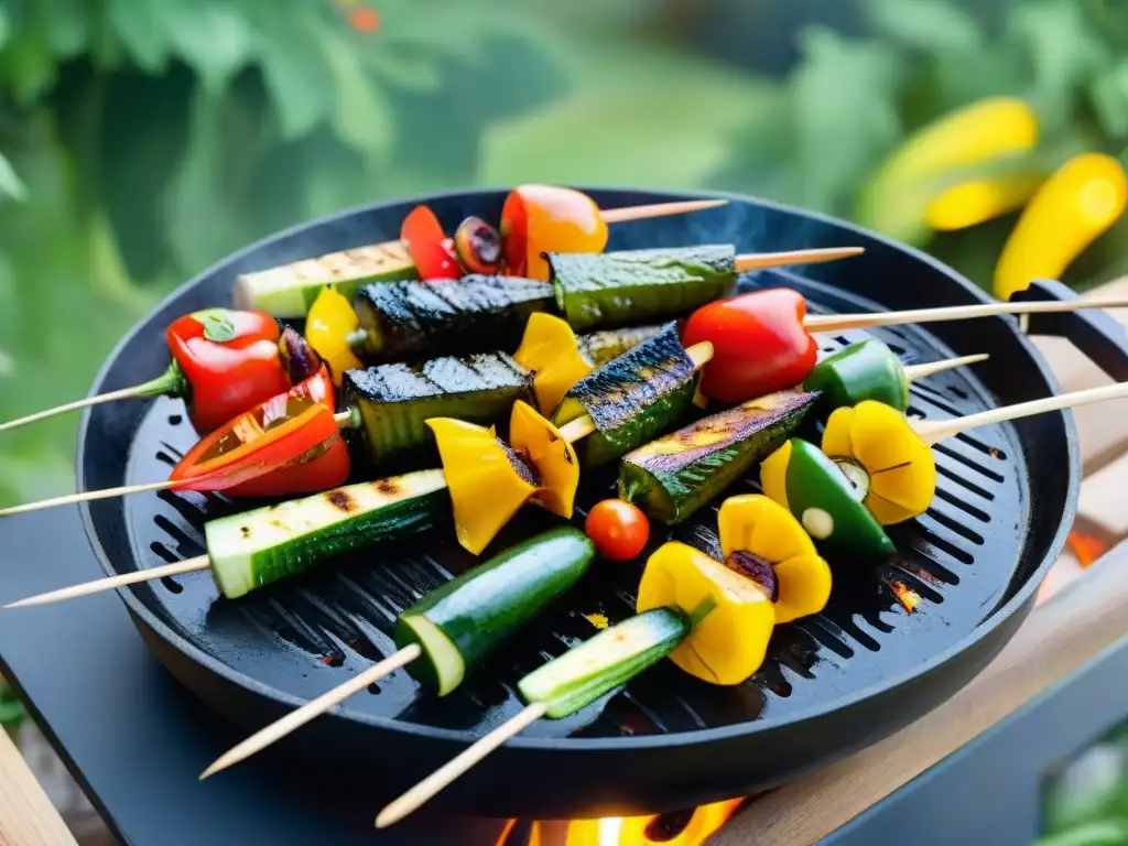 Delicioso maridaje vinos asado vegetariano Uruguay con brochetas de verduras a la parrilla en un jardín soleado