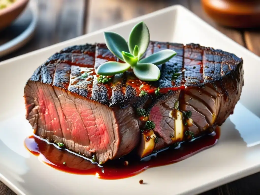 Delicioso marinado rojo de chimichurri sobre un jugoso filete listo para la parrilla