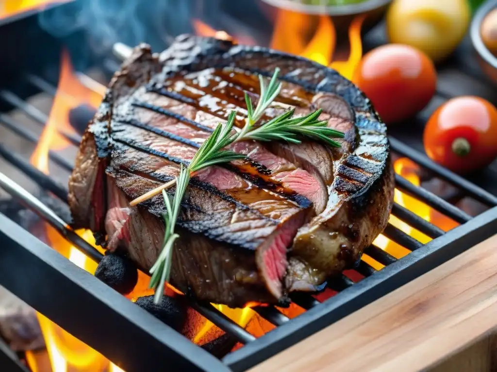 Delicioso Morcillo asado en parrilla, rodeado de hierbas aromáticas, en un ambiente de barbacoa en Uruguay