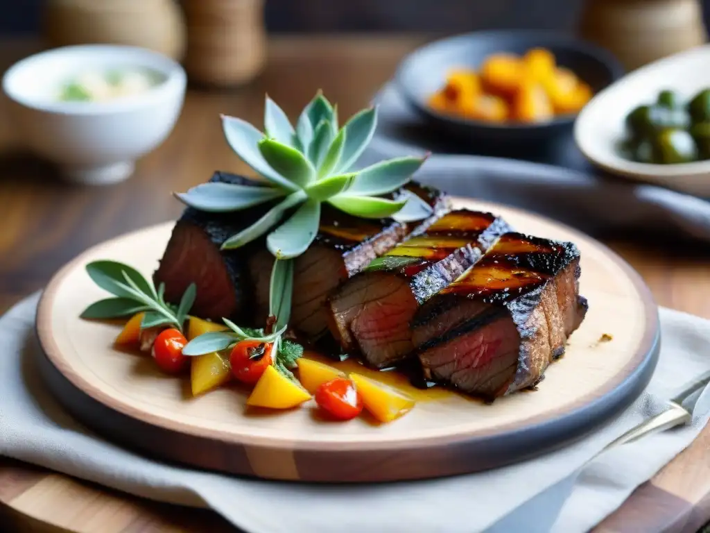 Delicioso morcillo asado uruguayo en plato rústico, jugoso y adornado con hierbas frescas y verduras asadas