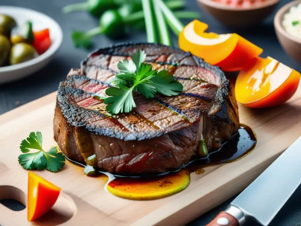 Delicioso Ojo de Bife asado a punto, con chimichurri y vegetales a la parrilla