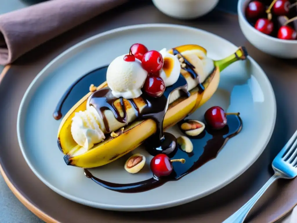 Delicioso banana split a la parrilla con salsa de chocolate, ideal para postres veraniegos