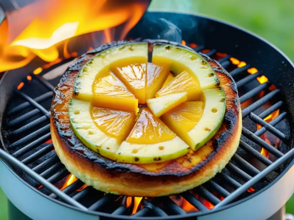 Delicioso pastel de piña al revés asándose en la parrilla al atardecer