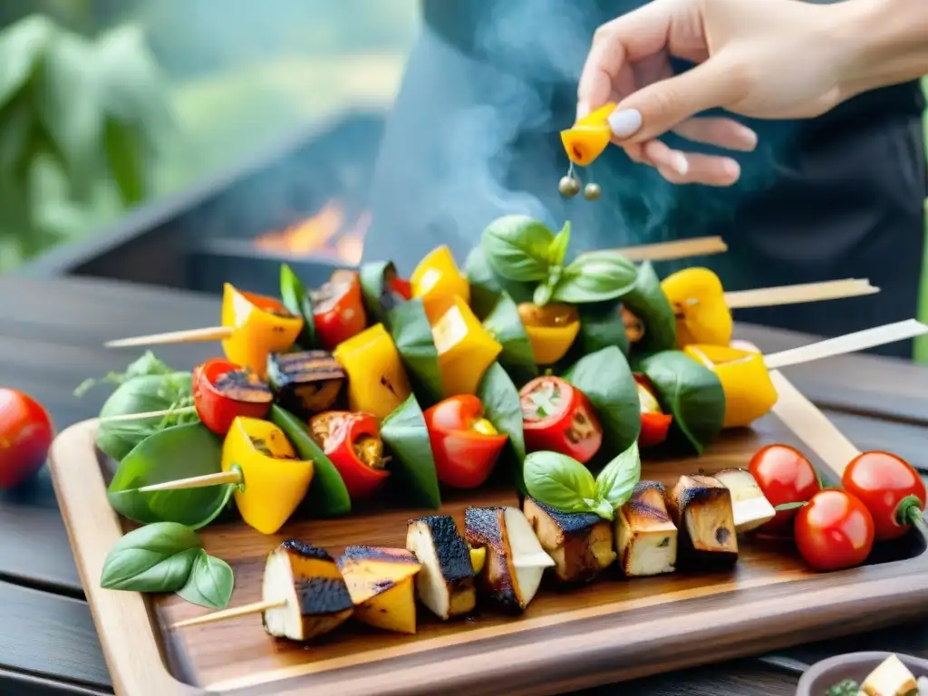 Un delicioso pincho vegetariano a la parrilla con verduras y tofu, ideal para recetas de asado uruguayo sin gluten