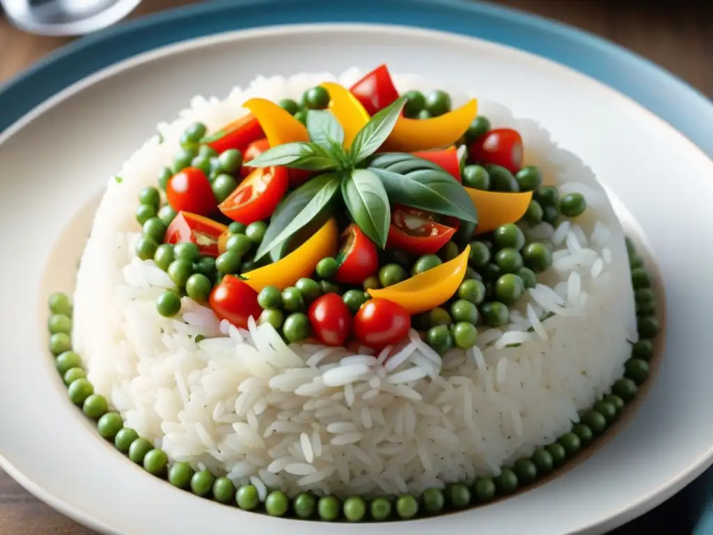 Un delicioso plato de arroz con vegetales uruguayo, colorido y vibrante, listo para deleitar todos los sentidos