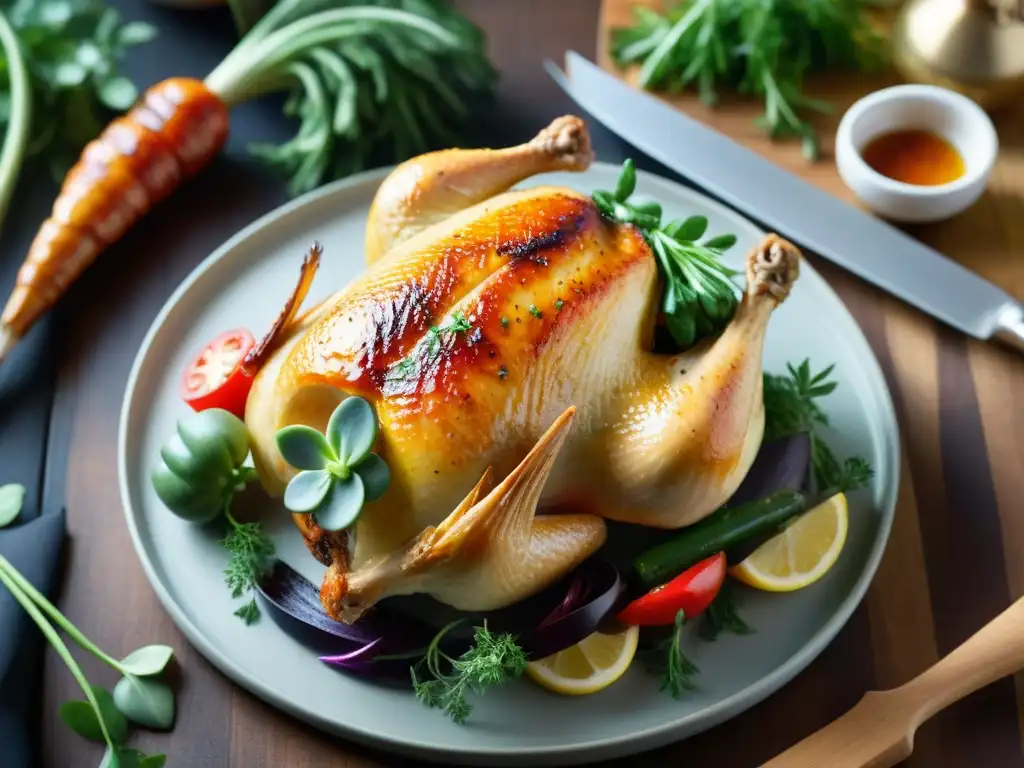 Delicioso pollo asado con piel crujiente rodeado de hierbas frescas y vegetales coloridos en tabla de madera rústica