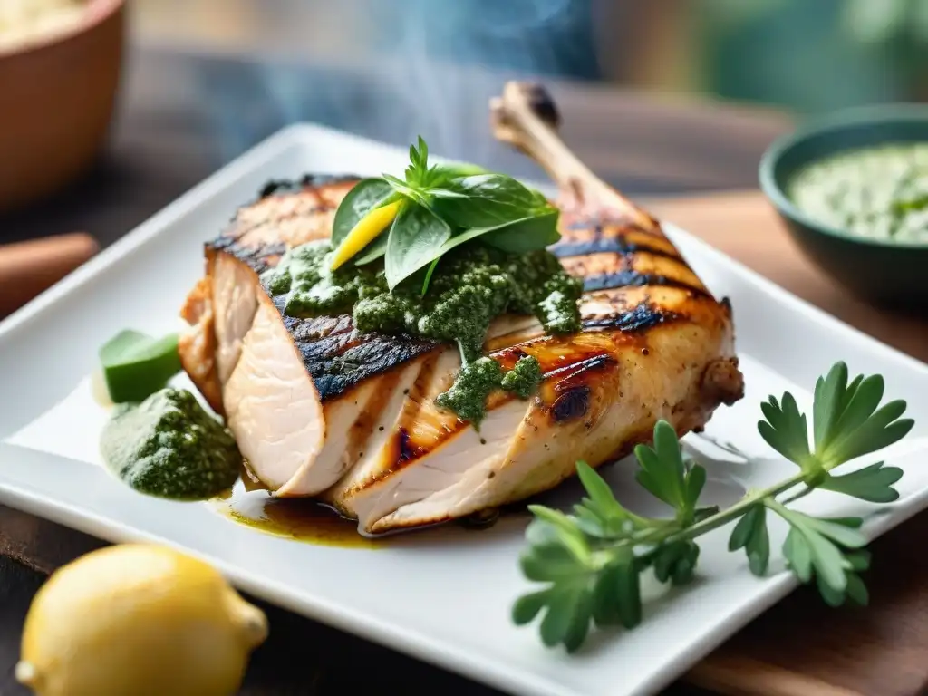 Delicioso pollo asador con chimichurri uruguayo, perfectamente grillado al aire libre en un día soleado