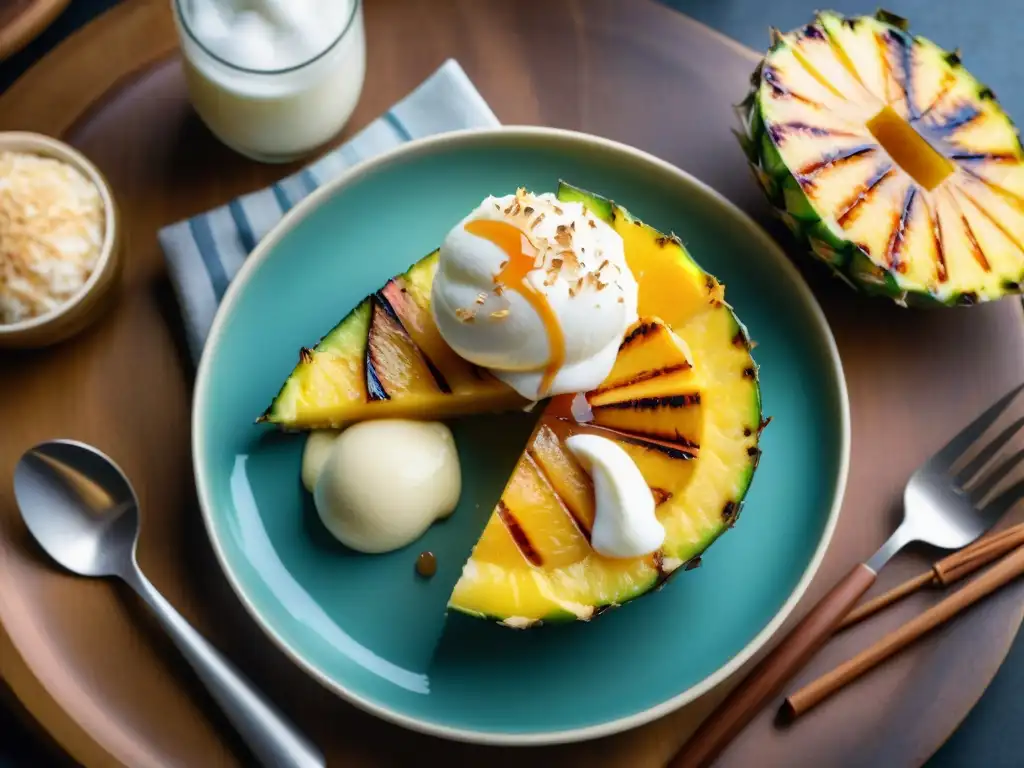 Delicioso postre de piña asada con helado de coco, salsa de caramelo y coco tostado en un ambiente veraniego y acogedor