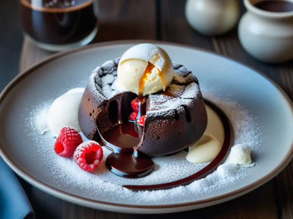 Delicioso postre para maridar con asado: lava cake de chocolate con helado de vainilla y frambuesas frescas en elegante plato blanco