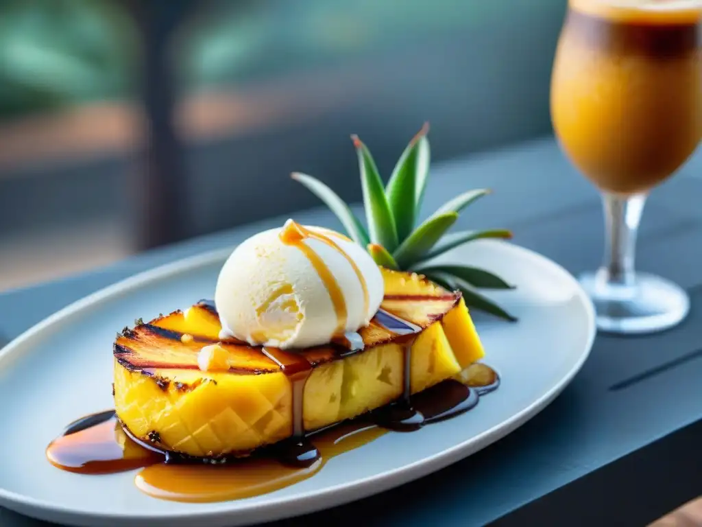 Delicioso postre asado con frutas: piña a la parrilla con helado de coco y salsa de caramelo, en un ambiente acogedor de jardín