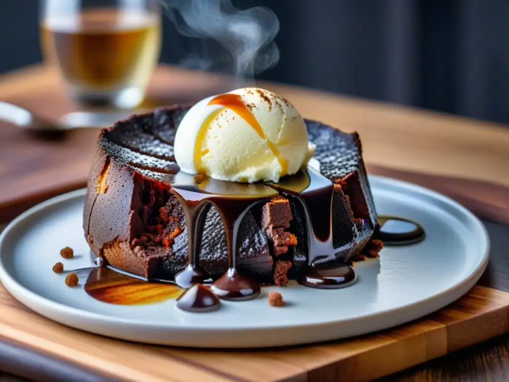 Delicioso postre de lava de chocolate con helado de vainilla junto a un jugoso asado en tabla de madera