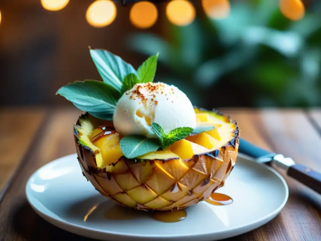 Delicioso postre a la parrilla gourmet con piña, helado de coco y caramelos en bol de coco, en una mesa rústica iluminada