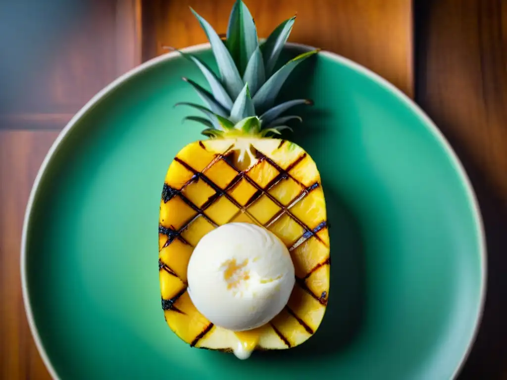 Delicioso postre de piña a la parrilla con helado de coco, menta fresca y salsa de caramelo