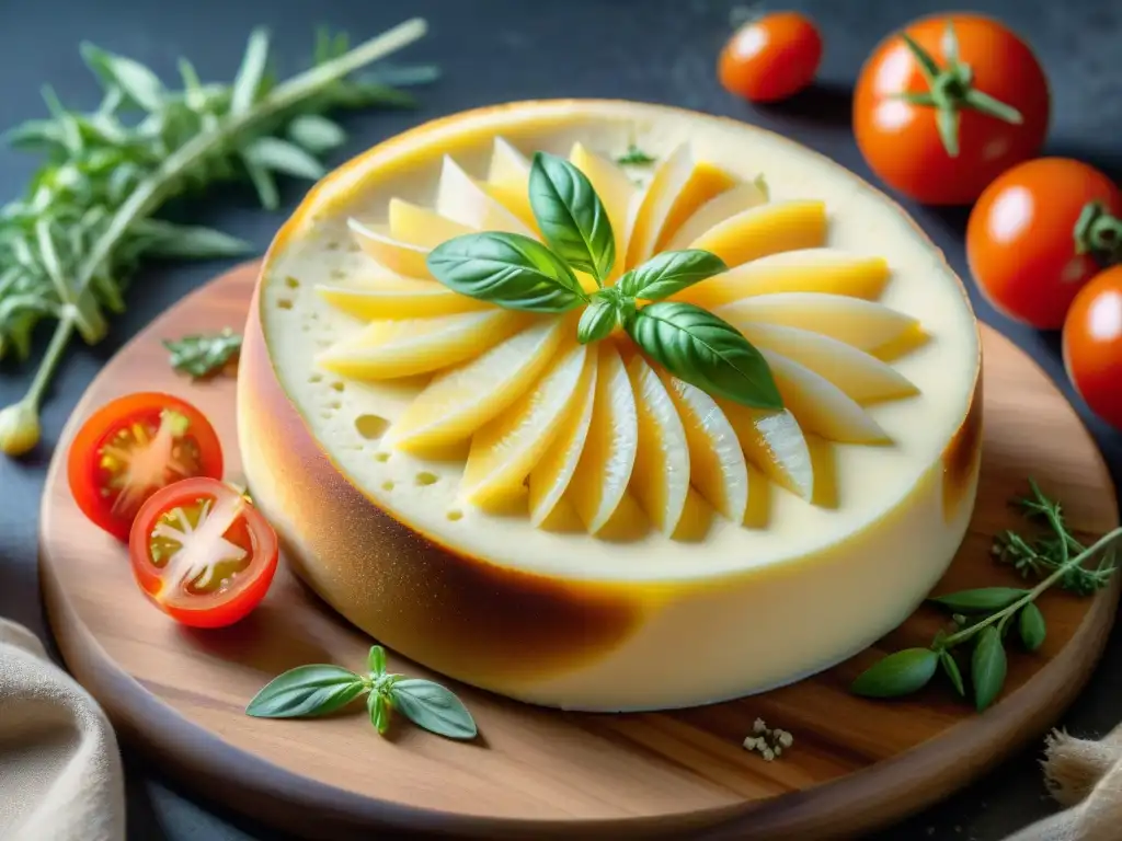 Delicioso queso provolone derretido sobre tabla rústica con tomate y orégano fresco