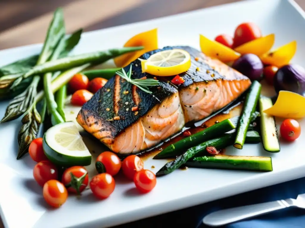 Delicioso salmón a la parrilla con grasas saludables en asado uruguayo y verduras coloridas