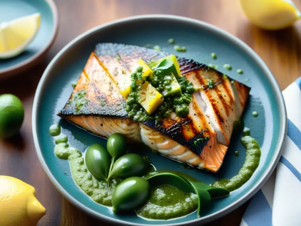 Delicioso salmonete a la parrilla con salsa verde, en un ambiente ahumado y fresco