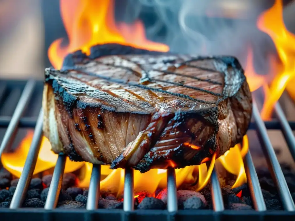 Delicioso steak en la parrilla, con marcas perfectas, humo y llamas, en competencias de asado