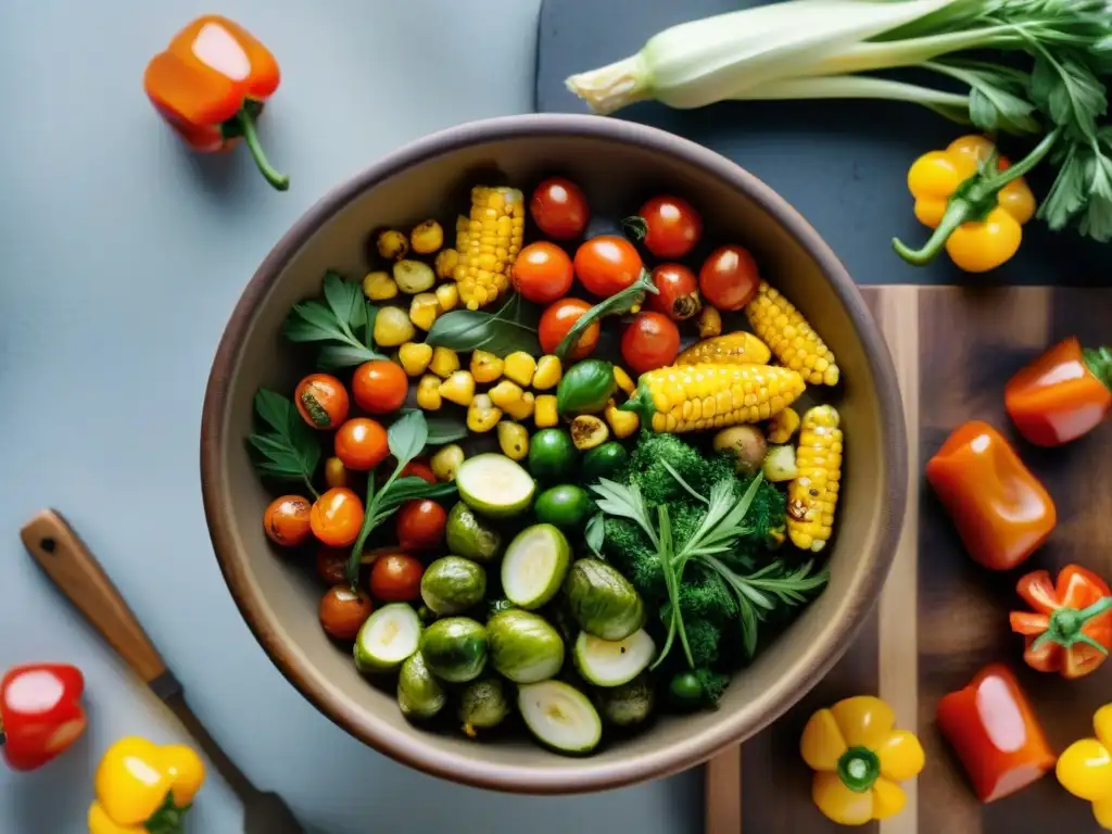 Delicioso surtido de vegetales asados en tabla de madera, bañados en hierbas aromáticas y aceite de oliva