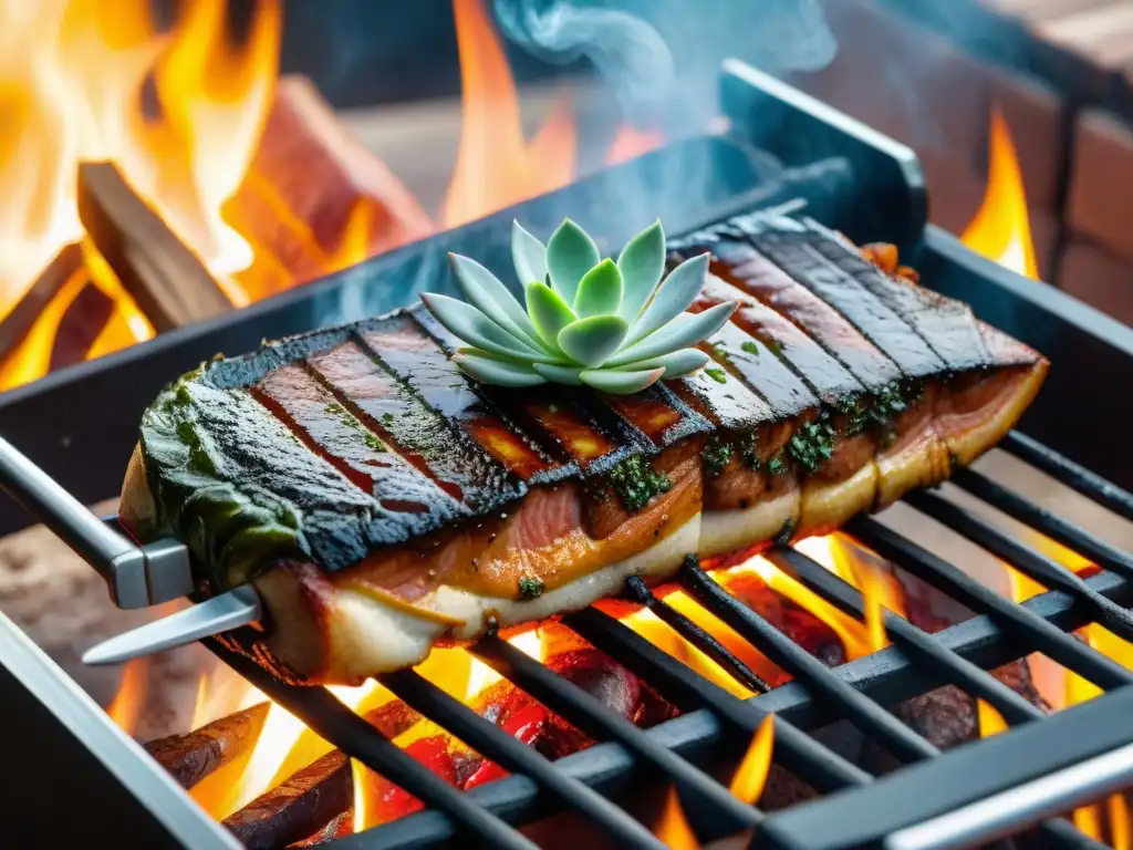 Delicioso Tira de Asado Uruguayo en parrilla, con hierbas frescas y accesorios gauchos