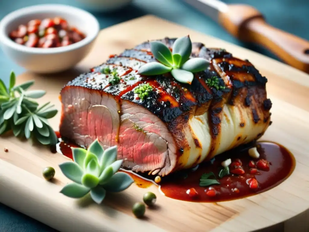 Delicioso trozo de carne marinándose en chimichurri rojo sobre tabla de madera