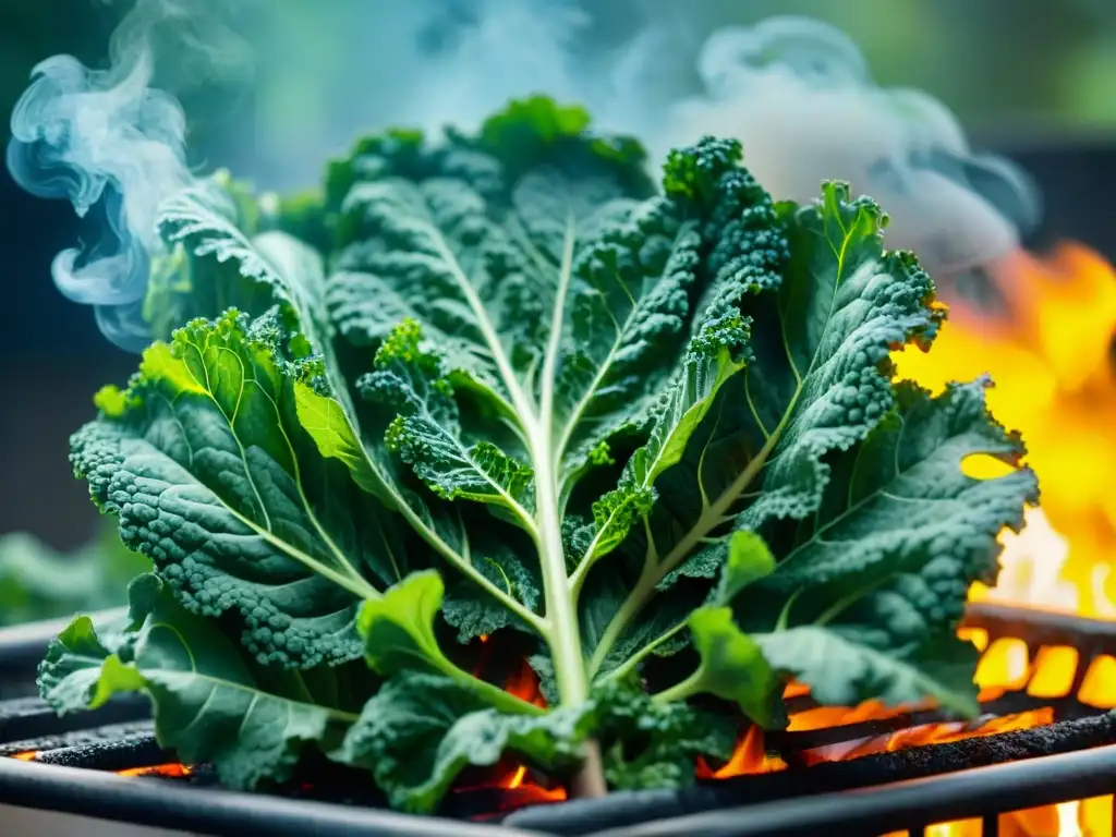 Delicioso kale verde asándose en la parrilla, humeante y lleno de nutrientes