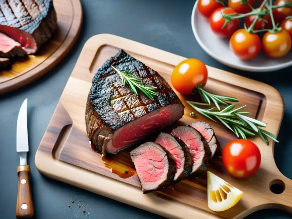 Delicioso Wagyu asado con presentación que mejora el sabor, rodeado de vegetales y tomates coloridos bajo la luz cálida de una bombilla Edison