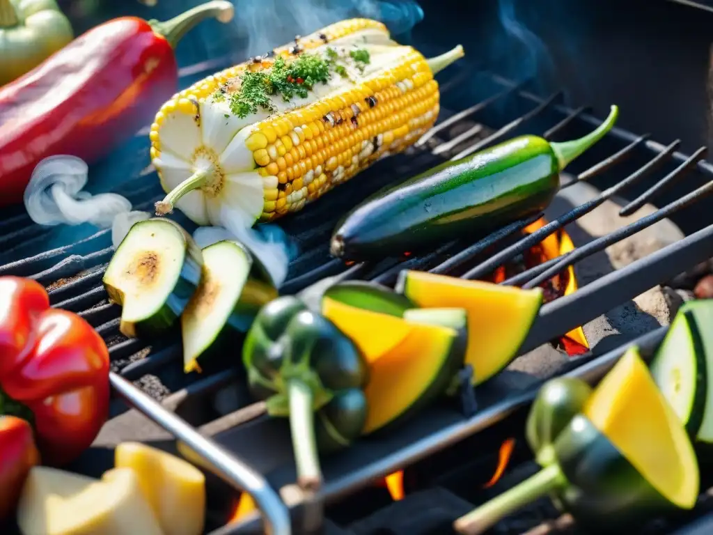 Deliciosos asados saludables: vegetales coloridos en la parrilla con aroma tentador en jardín soleado