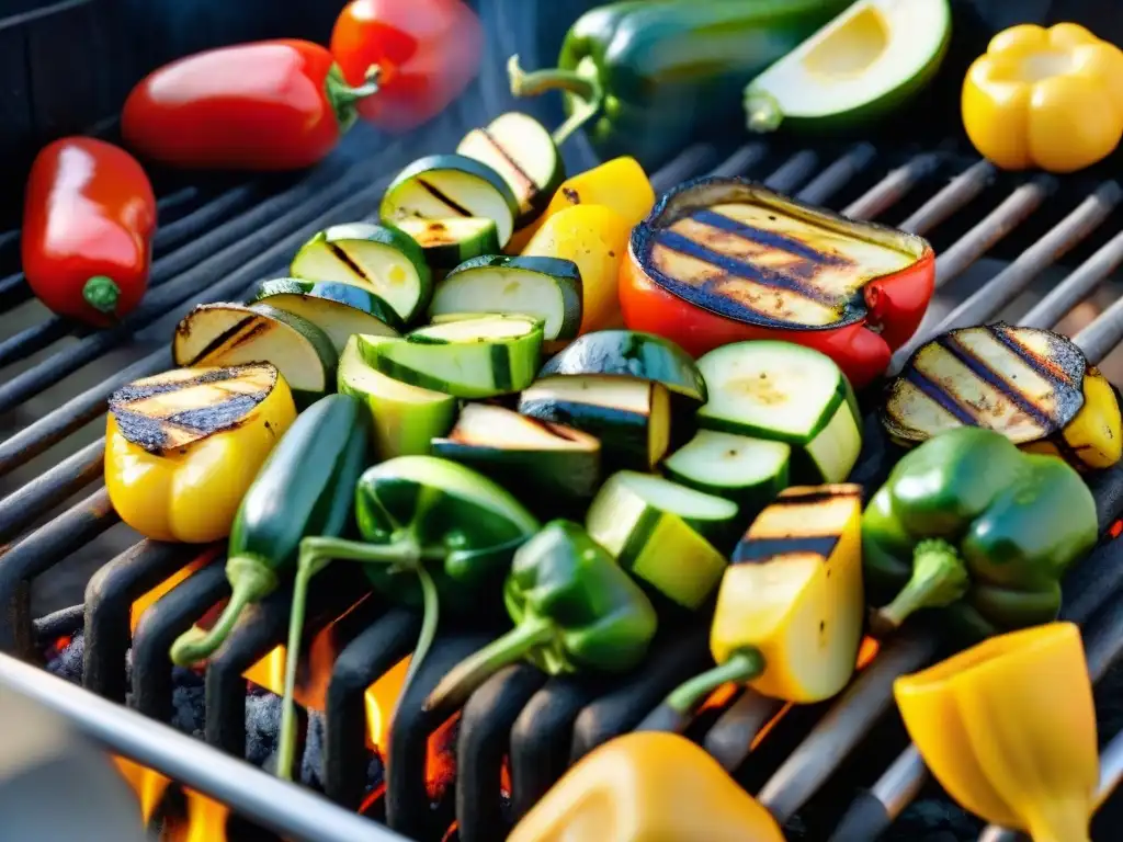 Deliciosos asados vegetales para parrilla, chisporroteando con colores vibrantes y grillados a la perfección en un día soleado al aire libre