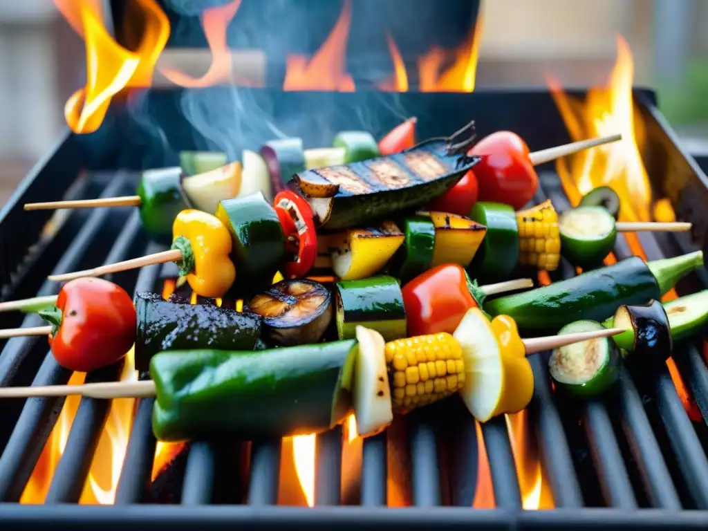 Deliciosos asados vegetales para parrilla, coloridos y jugosos, chisporroteando con sabores y aromas de verano