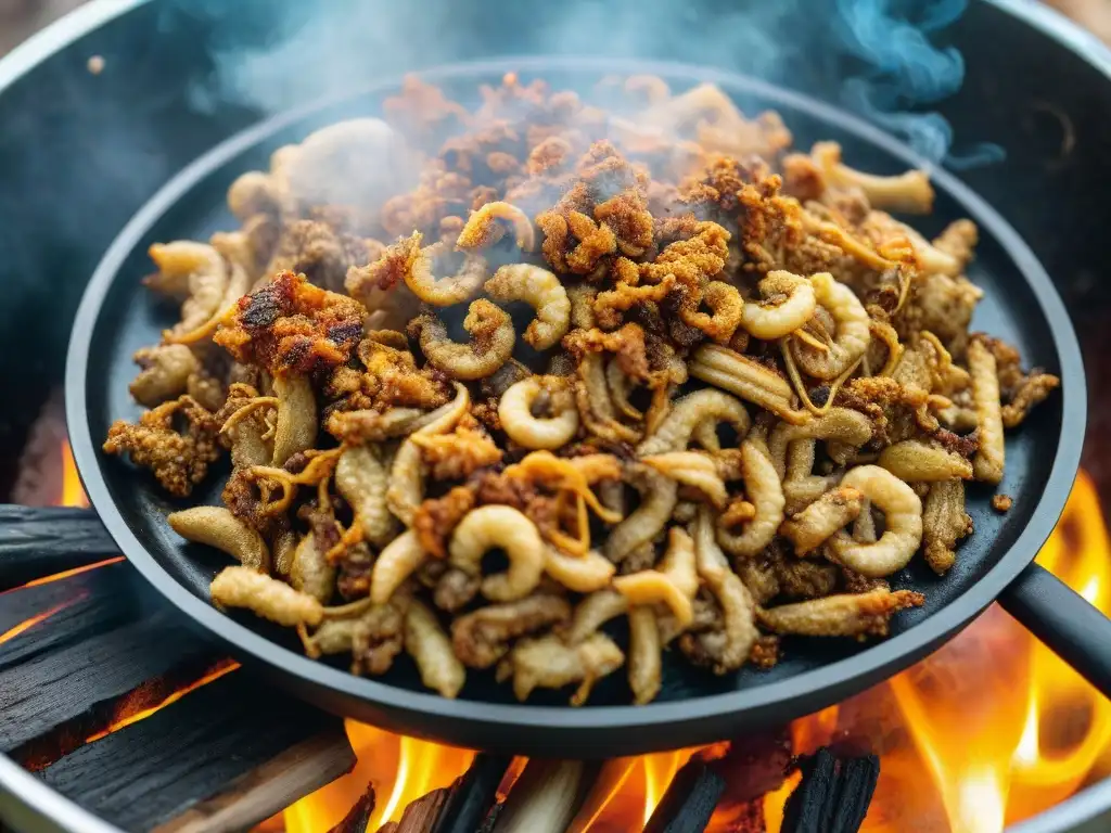 Deliciosos chinchulines crocantes asándose en parrilla humeante al aire libre