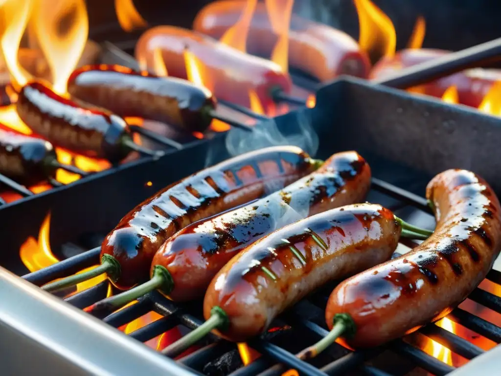 Deliciosos chorizos a la pomarola cocinándose en la parrilla, con llamas vibrantes y sabrosos jugos brillantes