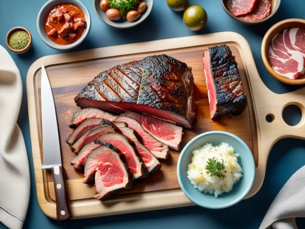 Deliciosos cortes de carne asado uruguaya en tabla de madera rústica