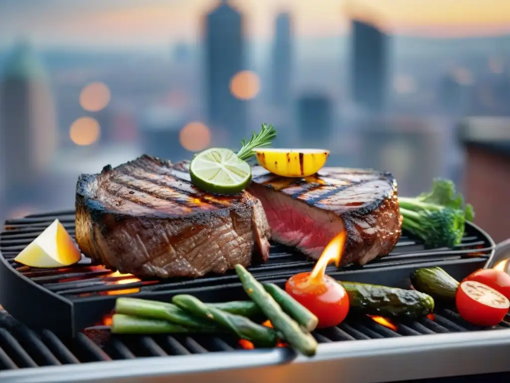 Deliciosos cortes de carne para asados en espacios reducidos, con vista urbana al atardecer