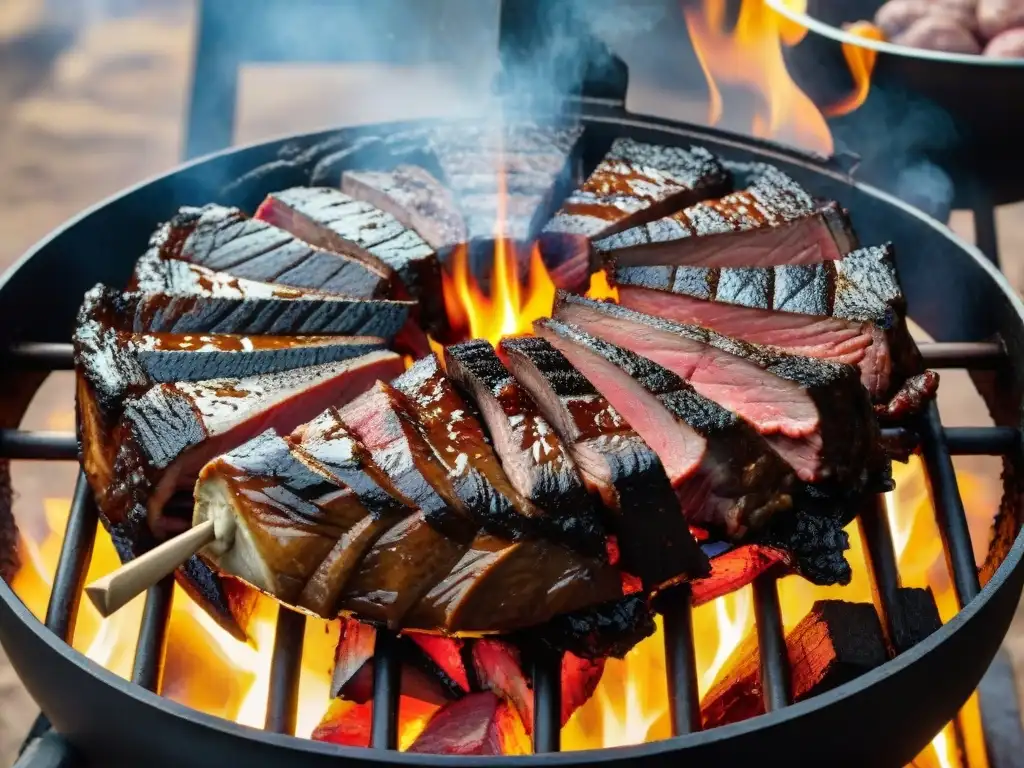 Deliciosos cortes de carne uruguaya asado en parrilla con fuego y humo, una escena auténtica y tentadora