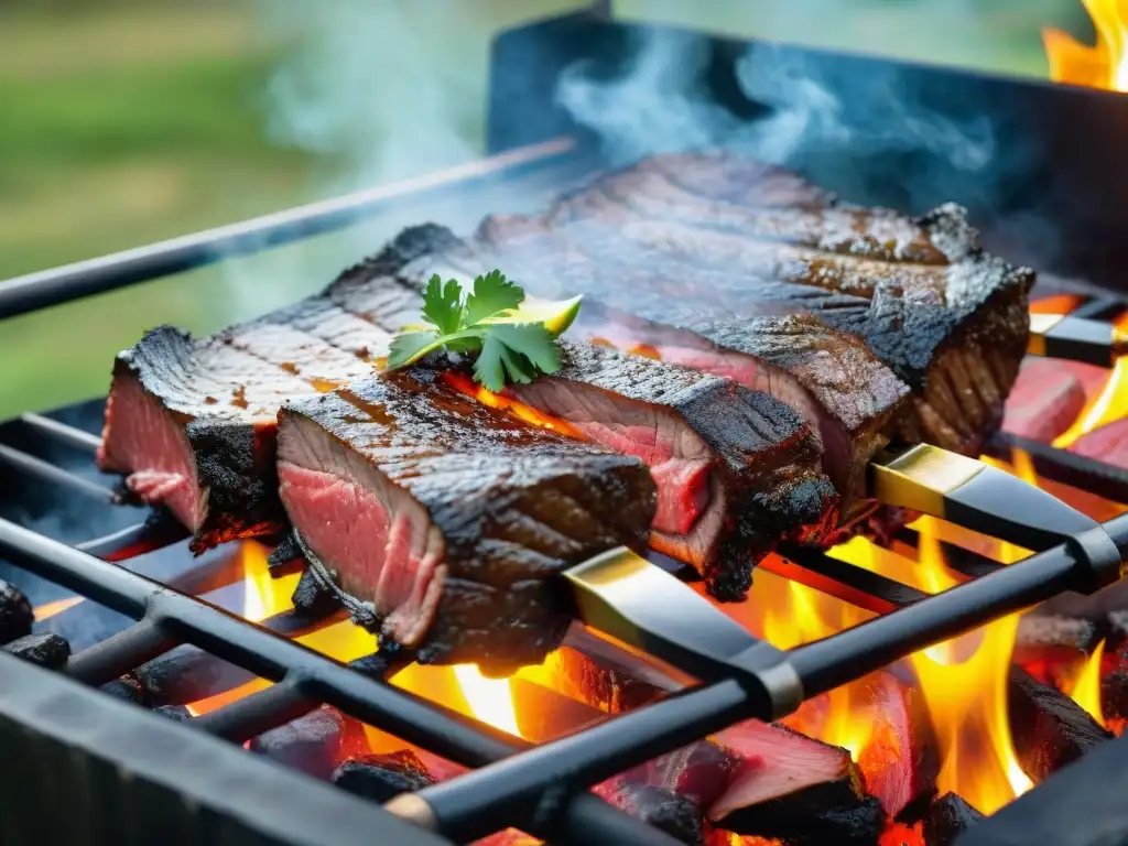 Deliciosos cortes magros para asado uruguayo, cocinándose a la perfección sobre las llamas abiertas