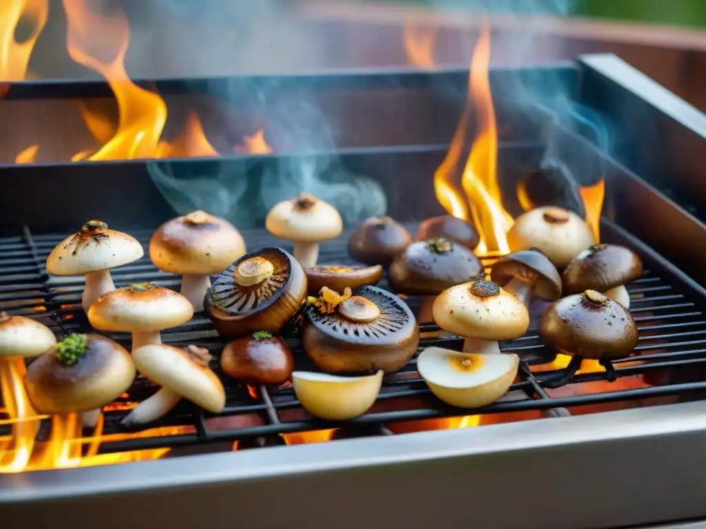 Deliciosos hongos asados en una parrilla, caramelizados y con grill marks